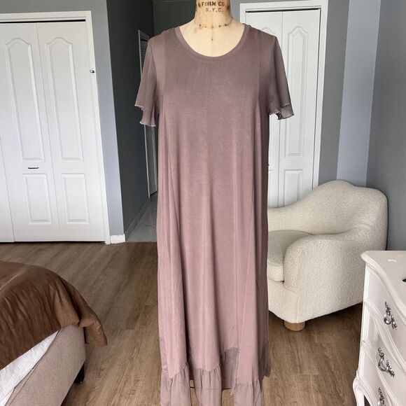 Lori Goldstein Taupe Midi Dress with Sheer Sleeves M - Picture 1 of 8